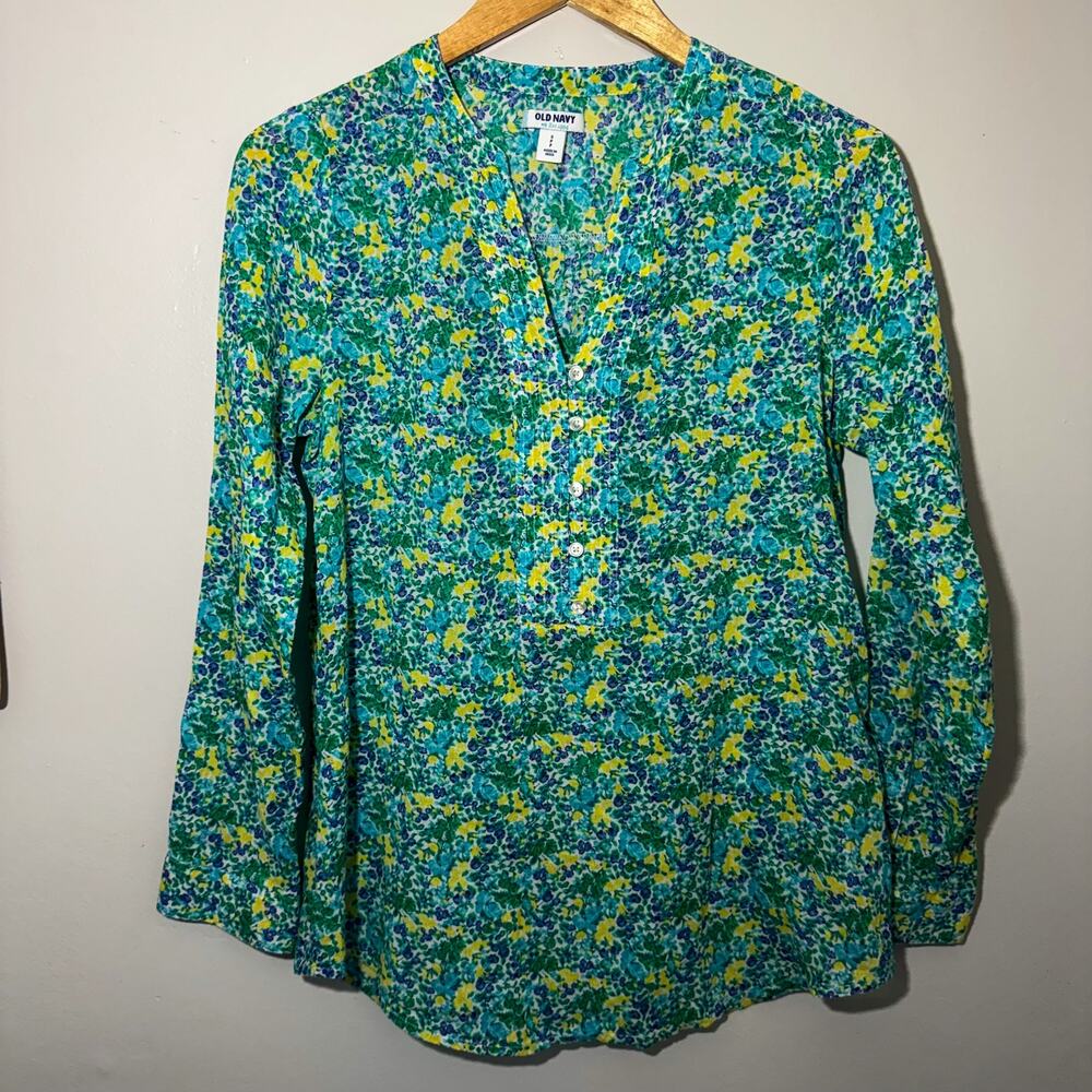 Old Navy Floral Henly Blouse Green Yellow Blue Long Sleeve Cotton Top Small
